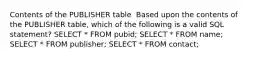 Contents of the PUBLISHER table ​ Based upon the contents of the PUBLISHER table, which of the following is a valid SQL statement?​ ​SELECT * FROM pubid; ​SELECT * FROM name; ​SELECT * FROM publisher; ​SELECT * FROM contact;