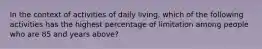 In the context of activities of daily living, which of the following activities has the highest percentage of limitation among people who are 85 and years above?