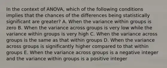 In the context of ANOVA, which of the following conditions implies that the chances of the differences being statistically significant are greater? A. When the variance within groups is zero B. When the variance across groups is very low while the variance within groups is very high C. When the variance across groups is the same as that within groups D. When the variance across groups is significantly higher compared to that within groups E. When the variance across groups is a negative integer and the variance within groups is a positive integer