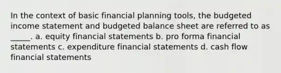 In the context of basic financial planning tools, the budgeted income statement and budgeted balance sheet are referred to as _____. a. equity financial statements b. pro forma financial statements c. expenditure financial statements d. cash flow financial statements