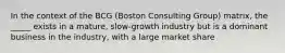 In the context of the BCG (Boston Consulting Group) matrix, the _____ exists in a mature, slow-growth industry but is a dominant business in the industry, with a large market share