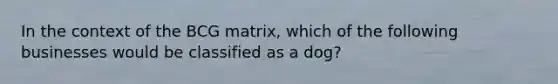 In the context of the BCG matrix, which of the following businesses would be classified as a dog?