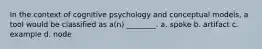 In the context of cognitive psychology and conceptual models, a tool would be classified as a(n) ________. a. spoke b. artifact c. example d. node