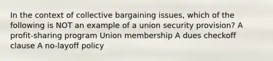 In the context of collective bargaining issues, which of the following is NOT an example of a union security provision? A profit-sharing program Union membership A dues checkoff clause A no-layoff policy