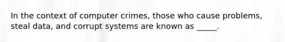 In the context of computer crimes, those who cause problems, steal data, and corrupt systems are known as _____.