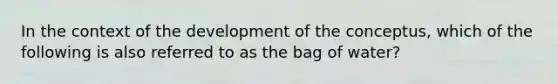 In the context of the development of the conceptus, which of the following is also referred to as the bag of water?