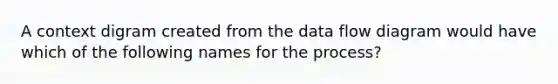 A context digram created from the data flow diagram would have which of the following names for the process?