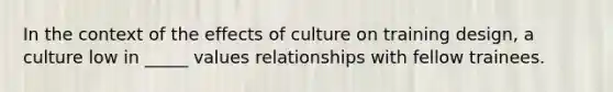 In the context of the effects of culture on training design, a culture low in _____ values relationships with fellow trainees.