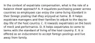 In the context of expatriate compensation, what is the role of a balance sheet approach? A. It equalizes purchasing power across countries so employees can enjoy the same living standard in their foreign posting that they enjoyed at home. B. It helps expatriate managers and their families to adjust to the day-to-day life of the host country. C. It rewards expatriates on the basis of merit and performance. D. It helps expatriates to come to terms with the standard of living of the host country. E. It is offered as an inducement to accept foreign postings and live away from family.