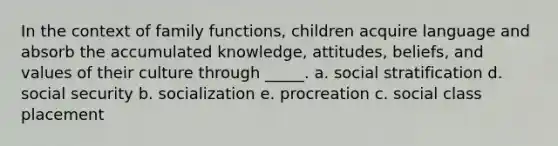 In the context of family functions, children acquire language and absorb the accumulated knowledge, attitudes, beliefs, and values of their culture through _____. a. social stratification d. social security b. socialization e. procreation c. social class placement