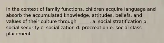 In the context of family functions, children acquire language and absorb the accumulated knowledge, attitudes, beliefs, and values of their culture through _____. a. social stratification b. social security c. socialization d. procreation e. social class placement