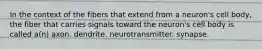 In the context of the fibers that extend from a neuron's cell body, the fiber that carries signals toward the neuron's cell body is called a(n) axon. dendrite. neurotransmitter. synapse.