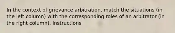 In the context of grievance arbitration, match the situations (in the left column) with the corresponding roles of an arbitrator (in the right column). Instructions