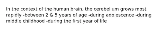 In the context of the human brain, the cerebellum grows most rapidly -between 2 & 5 years of age -during adolescence -during middle childhood -during the first year of life