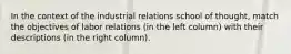 In the context of the industrial relations school of thought, match the objectives of labor relations (in the left column) with their descriptions (in the right column).