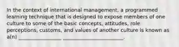 In the context of international management, a programmed learning technique that is designed to expose members of one culture to some of the basic concepts, attitudes, role perceptions, customs, and values of another culture is known as a(n) _________________ ________________________.