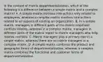 In the context of matrix departmentalization, which of the following is a difference between a simple matrix and a complex matrix? A. A simple matrix involves interactions only related to employees, whereas a complex matrix involves interactions related to all aspects of running an organization. B. In a simple matrix, managers in different parts of the matrix negotiate conflicts directly, whereas in a complex matrix, managers in different parts of the matrix report to matrix managers who help resolve conflicts. C. Matrix managers play a primary role in a simple matrix, whereas there are no matrix managers in a complex matrix. D. A simple matrix combines the product and geographic forms of departmentalization, whereas a complex matrix combines the functional and customer forms of departmentalization.