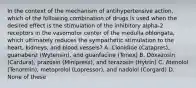 In the context of the mechanism of antihypertensive action, which of the following combination of drugs is used when the desired effect is the stimulation of the inhibitory alpha-2 receptors in the vasomotor center of the medulla oblongata, which ultimately reduces the sympathetic stimulation to the heart, kidneys, and blood vessels? A. Clonidine (Catapres), guanabenz (Wytensin), and guanfacine (Tenex) B. Doxazosin (Cardura), prazosin (Minipress), and terazosin (Hytrin) C. Atenolol (Tenormin), metoprolol (Lopressor), and nadolol (Corgard) D. None of these