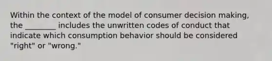 Within the context of the model of consumer decision making, the ________ includes the unwritten codes of conduct that indicate which consumption behavior should be considered "right" or "wrong."