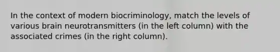 In the context of modern biocriminology, match the levels of various brain neurotransmitters (in the left column) with the associated crimes (in the right column).