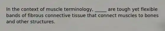 In the context of muscle terminology, _____ are tough yet flexible bands of fibrous <a href='https://www.questionai.com/knowledge/kYDr0DHyc8-connective-tissue' class='anchor-knowledge'>connective tissue</a> that connect muscles to bones and other structures.