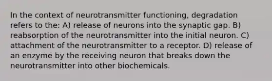 In the context of neurotransmitter functioning, degradation refers to the: A) release of neurons into the synaptic gap. B) reabsorption of the neurotransmitter into the initial neuron. C) attachment of the neurotransmitter to a receptor. D) release of an enzyme by the receiving neuron that breaks down the neurotransmitter into other biochemicals.