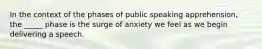 In the context of the phases of public speaking apprehension, the _____ phase is the surge of anxiety we feel as we begin delivering a speech.