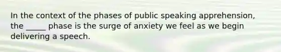 In the context of the phases of public speaking apprehension, the _____ phase is the surge of anxiety we feel as we begin delivering a speech.