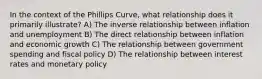 In the context of the Phillips Curve, what relationship does it primarily illustrate? A) The inverse relationship between inflation and unemployment B) The direct relationship between inflation and economic growth C) The relationship between government spending and fiscal policy D) The relationship between interest rates and monetary policy