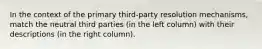 In the context of the primary third-party resolution mechanisms, match the neutral third parties (in the left column) with their descriptions (in the right column).