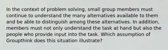 In the context of problem solving, small group members must continue to understand the many alternatives available to them and be able to distinguish among these alternatives. In addition, members must not only understand the task at hand but also the people who provide input into the task. Which assumption of Groupthink does this situation illustrate?