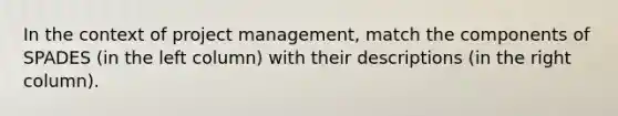 In the context of project management, match the components of SPADES (in the left column) with their descriptions (in the right column).