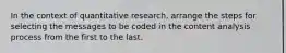 In the context of quantitative research, arrange the steps for selecting the messages to be coded in the content analysis process from the first to the last.