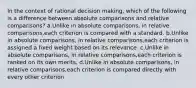 In the context of rational decision making, which of the following is a difference between absolute comparisons and relative comparisons? a.Unlike in absolute comparisons, in relative comparisons,each criterion is compared with a standard. b.Unlike in absolute comparisons, in relative comparisons,each criterion is assigned a fixed weight based on its relevance. c.Unlike in absolute comparisons, in relative comparisons,each criterion is ranked on its own merits. d.Unlike in absolute comparisons, in relative comparisons,each criterion is compared directly with every other criterion