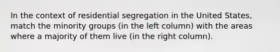 In the context of residential <a href='https://www.questionai.com/knowledge/kkbd3rBo2a-segregation-in-the-united-states' class='anchor-knowledge'>segregation in the united states</a>, match the minority groups (in the left column) with the areas where a majority of them live (in the right column).