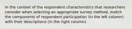 In the context of the respondent characteristics that researchers consider when selecting an appropriate survey method, match the components of respondent participation (in the left column) with their descriptions (in the right column).