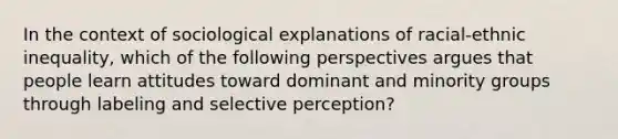 In the context of sociological explanations of racial-ethnic inequality, which of the following perspectives argues that people learn attitudes toward dominant and minority groups through labeling and selective perception?