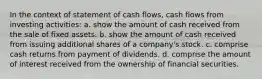 In the context of statement of cash flows, cash flows from investing activities: a. show the amount of cash received from the sale of fixed assets. b. show the amount of cash received from issuing additional shares of a company's stock. c. comprise cash returns from payment of dividends. d. comprise the amount of interest received from the ownership of financial securities.