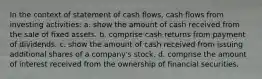 In the context of statement of cash flows, cash flows from investing activities: a. show the amount of cash received from the sale of fixed assets. b. comprise cash returns from payment of dividends. c. show the amount of cash received from issuing additional shares of a company's stock. d. comprise the amount of interest received from the ownership of financial securities.