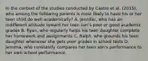 In the context of the studies conducted by Castro et al. (2015), who among the following parents is most likely to have his or her teen child do well academically? A. Jennifer, who has an indifferent attitude toward her teen son's poor or good academic grades B. Ryan, who regularly helps his teen daughter complete her homework and assignments C, Ralph, who grounds his teen daughter whenever she gets poor grades in school tests D. Jemima, who constantly compares her teen son's performance to her own school performance