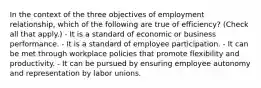 In the context of the three objectives of employment relationship, which of the following are true of efficiency? (Check all that apply.) - It is a standard of economic or business performance. - It is a standard of employee participation. - It can be met through workplace policies that promote flexibility and productivity. - It can be pursued by ensuring employee autonomy and representation by labor unions.