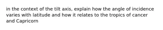 in the context of the tilt axis, explain how the angle of incidence varies with latitude and how it relates to the tropics of cancer and Capricorn