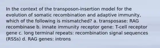 In the context of the transposon-insertion model for the evolution of somatic recombination and adaptive immunity, which of the following is mismatched? a. transposase: RAG recombinase b. innate immunity receptor gene: T-cell receptor gene c. long terminal repeats: recombination signal sequences (RSSs) d. RAG genes: introns