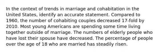 In the context of trends in marriage and cohabitation in the United States, identify an accurate statement. Compared to 1960, the number of cohabiting couples decreased 17-fold by 2010. Most young Americans are spending some time living together outside of marriage. The numbers of elderly people who have lost their spouse have decreased. The percentage of people over the age of 18 who are married has steadily risen.