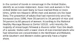 In the context of trends in remarriage in the United States, identify an accurate statement. Asian men and women in the United States are most likely to have married three or more times, while non-Hispanic White men and women are the least likely. The proportion of adults that had married only once has increased since 1996, from 50 percent to 54 percent of men and 54 percent to 60 percent of women. According to the National Healthy Marriage Resource Center (2013), until recently the majority of remarriages followed a divorce rather than the death of a spouse. States with a lower share of ever-married adults who had remarried are concentrated in the Northeast and Midwest, while Southern and Western states generally have a higher share.