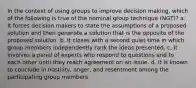 In the context of using groups to improve decision making, which of the following is true of the nominal group technique (NGT)? a. It forces decision makers to state the assumptions of a proposed solution and then generate a solution that is the opposite of the proposed solution. b. It closes with a second quiet time in which group members independently rank the ideas presented. c. It involves a panel of experts who respond to questions and to each other until they reach agreement on an issue. d. It is known to conclude in hostility, anger, and resentment among the participating group members