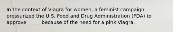 In the context of Viagra for women, a feminist campaign pressurized the U.S. Food and Drug Administration (FDA) to approve _____ because of the need for a pink Viagra.