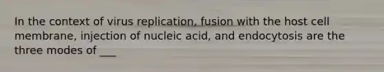 In the context of virus replication, fusion with the host cell membrane, injection of nucleic acid, and endocytosis are the three modes of ___