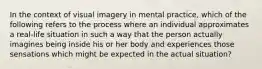 In the context of visual imagery in mental practice, which of the following refers to the process where an individual approximates a real-life situation in such a way that the person actually imagines being inside his or her body and experiences those sensations which might be expected in the actual situation?