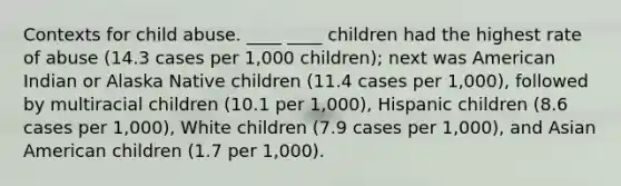 Contexts for child abuse. ____ ____ children had the highest rate of abuse (14.3 cases per 1,000 children); next was American Indian or Alaska Native children (11.4 cases per 1,000), followed by multiracial children (10.1 per 1,000), Hispanic children (8.6 cases per 1,000), White children (7.9 cases per 1,000), and Asian American children (1.7 per 1,000).